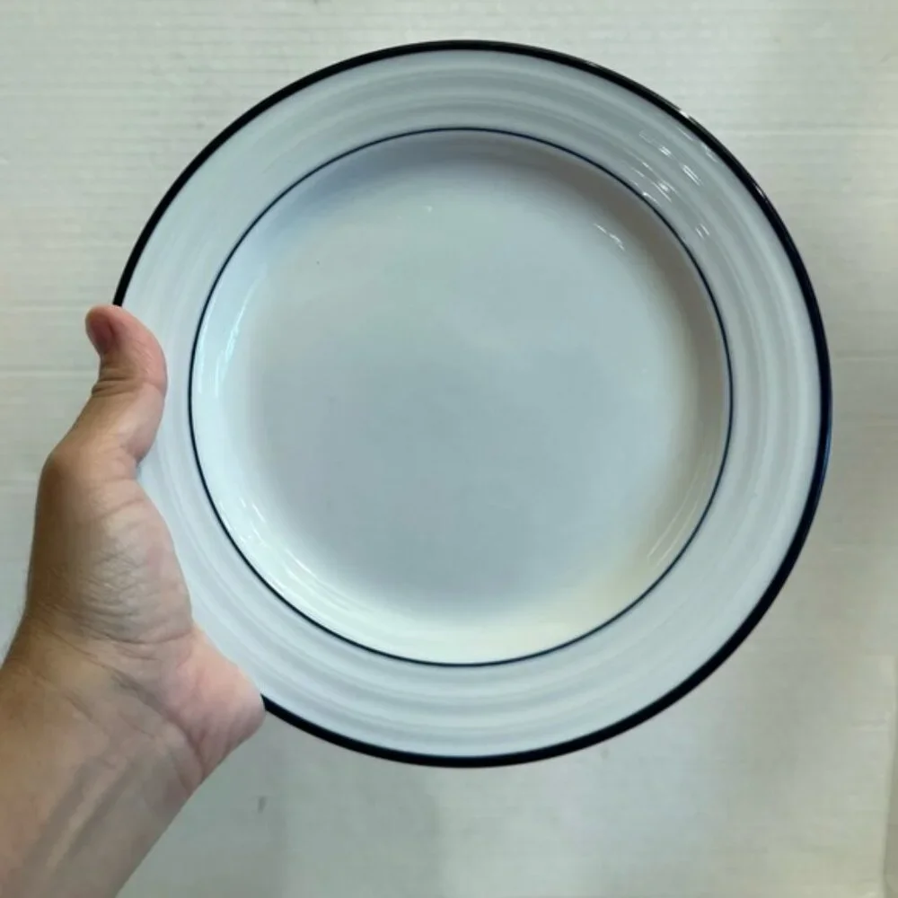 Lot of 3 Crate & Barrel Spal Porcelain Roulette Blue Trim 8 1/4” Salad Plate